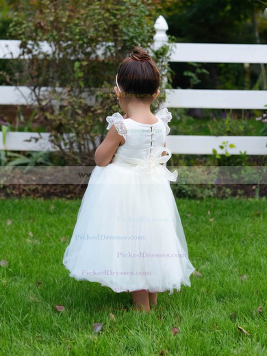Scoop Neck Ivory Tulle Lace Cheap Tea-length Ball Gown Flower Girl Dress #PDS01031795