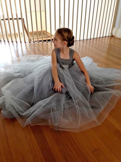 Elegant Silver Floor-length Tulle with Bow Square Neckline Flower Girl Dresses #PDS01031798