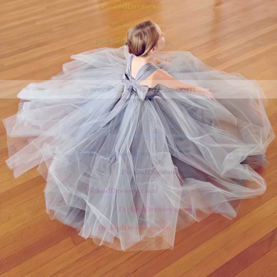 Elegant Silver Floor-length Tulle with Bow Square Neckline Flower Girl Dresses #PDS01031798