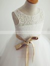 Open Back Tea-length Lace Tulle with Sashes/Ribbons Affordable Ivory Flower Girl Dresses #PDS01031804