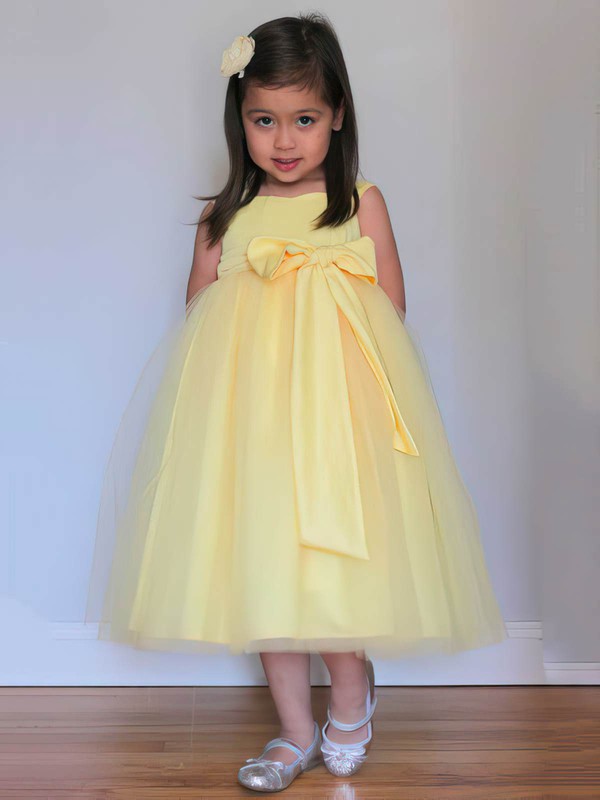 Inexpensive Tulle with Bow Square Neckline Tea-length Yellow Flower Girl Dresses #PDS01031805