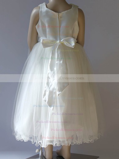 Tea-length Ivory Scoop Neck Satin Tulle Bow New Flower Girl Dress #PDS01031807