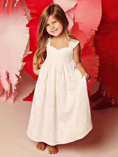 Cute Ivory Square Neckline Lace Ruffles Straps Ankle-length Flower Girl Dress #PDS01031815
