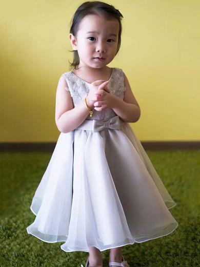 Silver Good Scoop Neck Organza Appliques Lace Tea-length Flower Girl Dress #PDS01031818