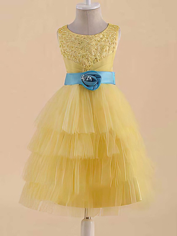 Yellow Scoop Neck Satin Tulle with Sashes/Ribbons Famous Flower Girl Dress #PDS01031822