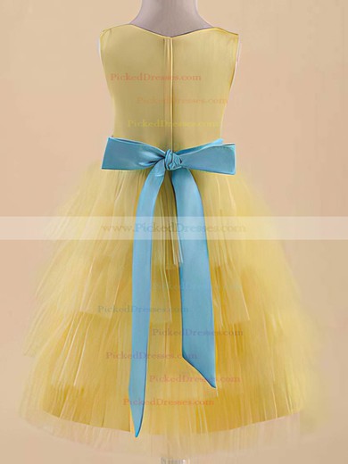 Yellow Scoop Neck Satin Tulle with Sashes/Ribbons Famous Flower Girl Dress #PDS01031822