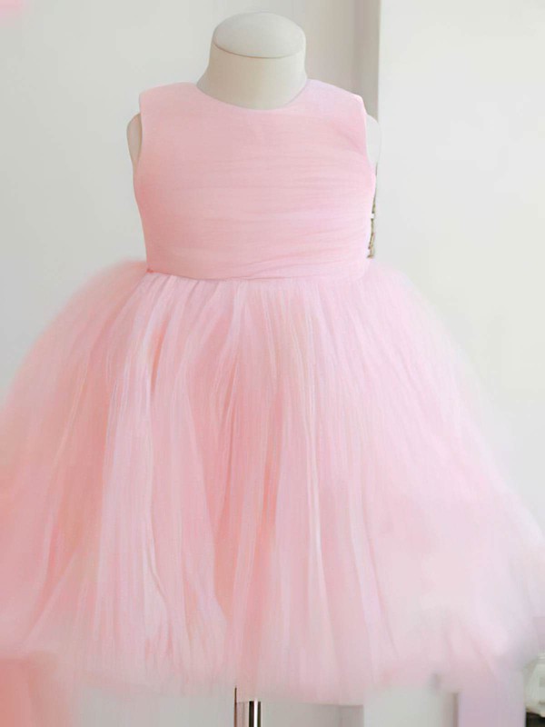 Best Scoop Neck Tulle with Bow Back Ball Gown Pink Flower Girl Dresses #PDS01031824