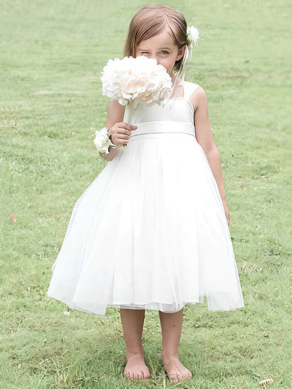 Amazing Square Neckline Satin Tulle with Bow White Tea-length Flower Girl Dress #PDS01031825