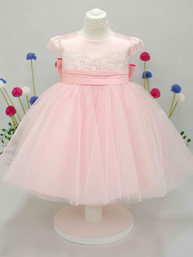 Cap Straps Hot Pink Tulle Elastic Woven Satin Bow Ankle-length Flower Girl Dress #PDS01031826