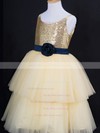 Floor-length Light Yellow Tiered Tulle Sequined Scoop Neck Unique Flower Girl Dress #PDS01031837