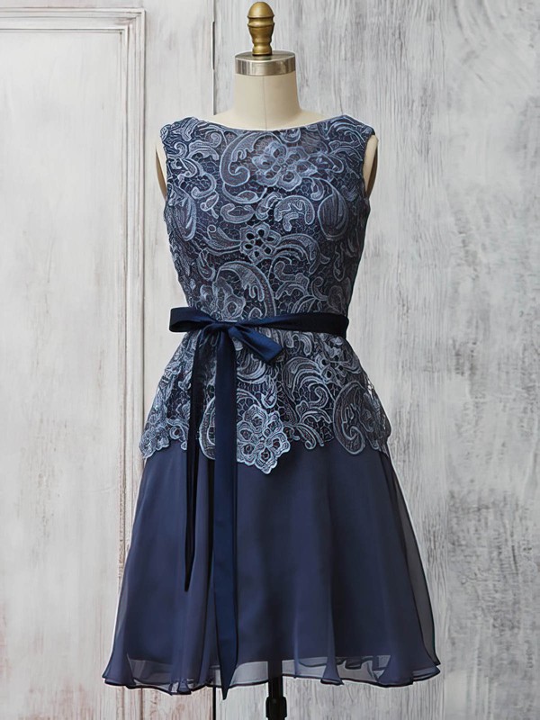 Scoop Neck Gray Lace Chiffon with Sashes/Ribbons Gorgeous Short/Mini Mother of the Bride Dress #PDS01021570