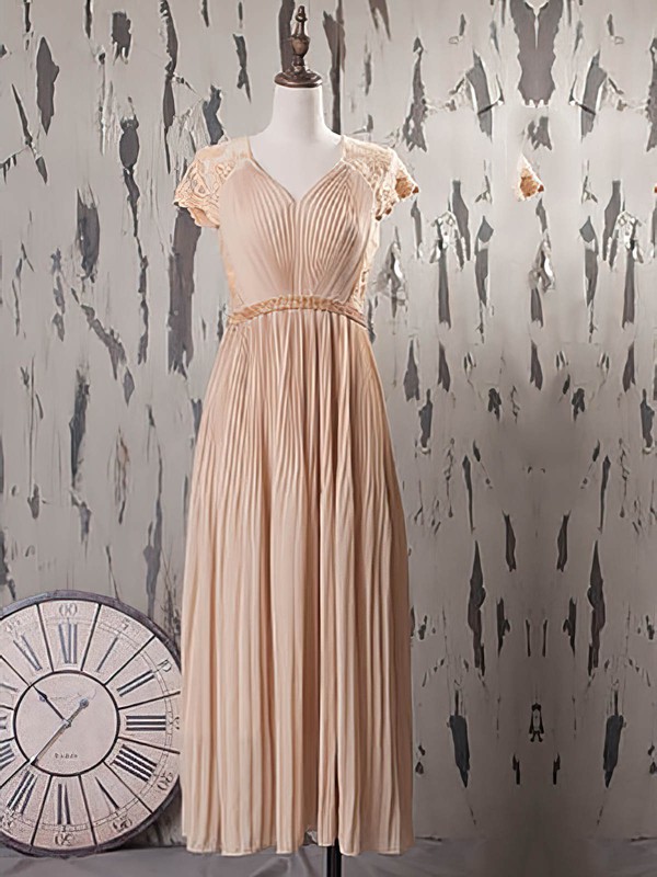 Fashion Tea-length Lace Chiffon with Beading Cap Straps V-neck Mother of the Bride Dress #PDS01021574