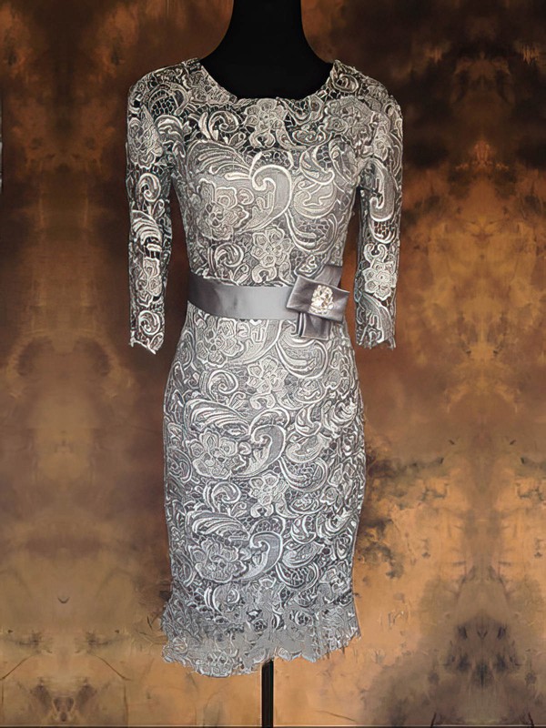Sheath/Column Sashes/Ribbons 1/2 Sleeve Gray Lace Ankle-length Mother of the Bride Dress #PDS01021576