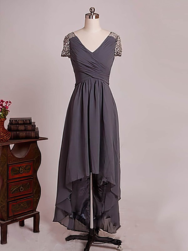 Asymmetrical V-neck Chiffon Beading Short Sleeve High Low Mother of the Bride Dresses #PDS01021579