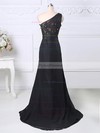 Sweep Train Black Chiffon Tulle Appliques Lace Split Front One Shoulder Mother of the Bride Dress #PDS01021580