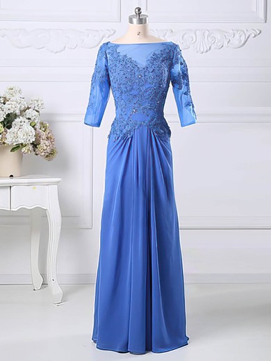 Blue Chiffon Tulle Scoop Neck Appliques Lace 1/2 Sleeve A-line Mother of the Bride Dresses #PDS01021583