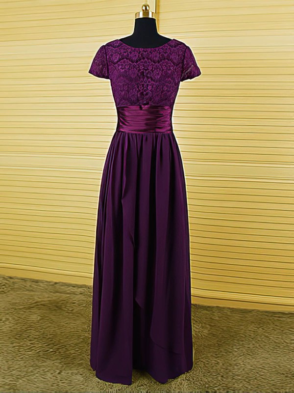 A-line Purple Chiffon Lace Scoop Neck Sashes / Ribbons Short Sleeve Mother of the Bride Dress #PDS01021594