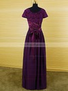 A-line Purple Chiffon Lace Scoop Neck Sashes / Ribbons Short Sleeve Mother of the Bride Dress #PDS01021594