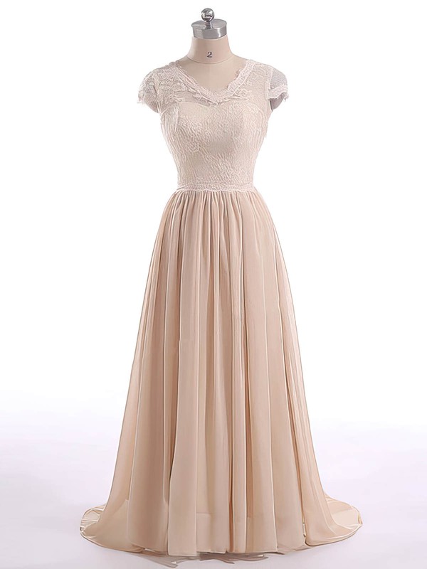 A-line Champagne Lace Chiffon Bow Short Sleeve V-neck Mother of the Bride Dresses #PDS01021599