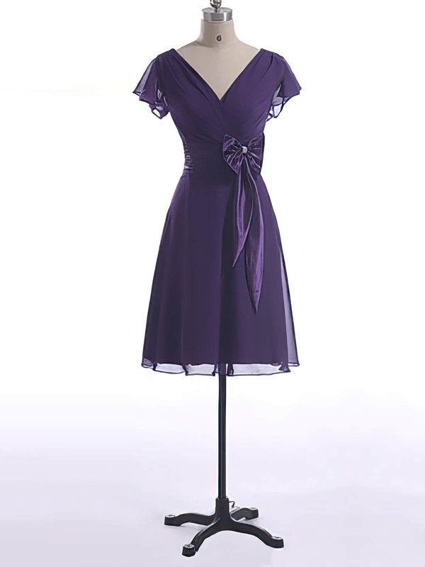 New V-neck Chiffon Short Sleeve Bow Short/Mini Mother of the Bride Dress #PDS01021601