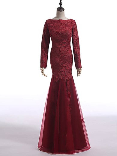 Gorgeous Trumpet/Mermaid Burgundy Lace Tulle Long Sleeve Scoop Neck Mother of the Bride Dress #PDS01021603