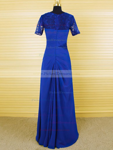 Royal Blue Chiffon Lace Crystal Brooch Scoop Neck Short Sleeve Floor-length Mother of the Bride Dresses #PDS01021610
