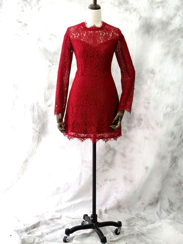 Red Lace Short/Mini Scoop Neck Long Sleeve Good Mother of the Bride Dresses #PDS01021613