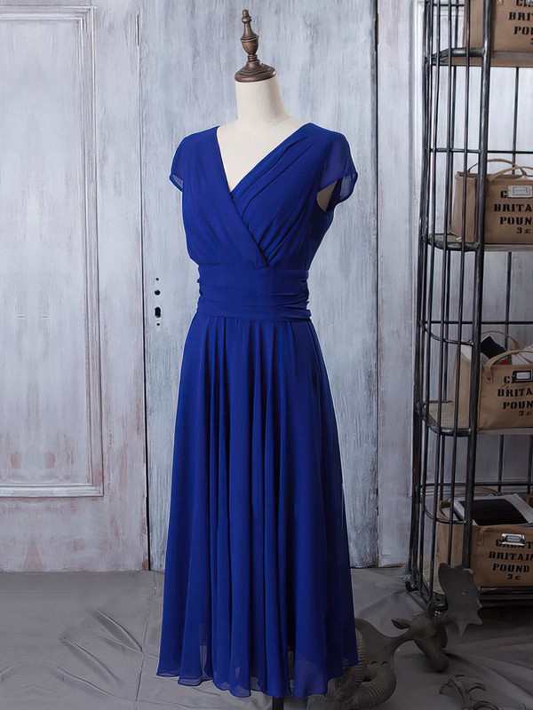 V-neck Royal Blue Chiffon Ruffles Short Sleeve A-line Mother of the Bride Dresses #PDS01021618