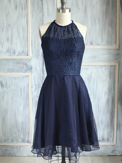 A-line Scoop Neck Dark Navy Chiffon Lace Knee-length Bridesmaid Dress #PDS01012474