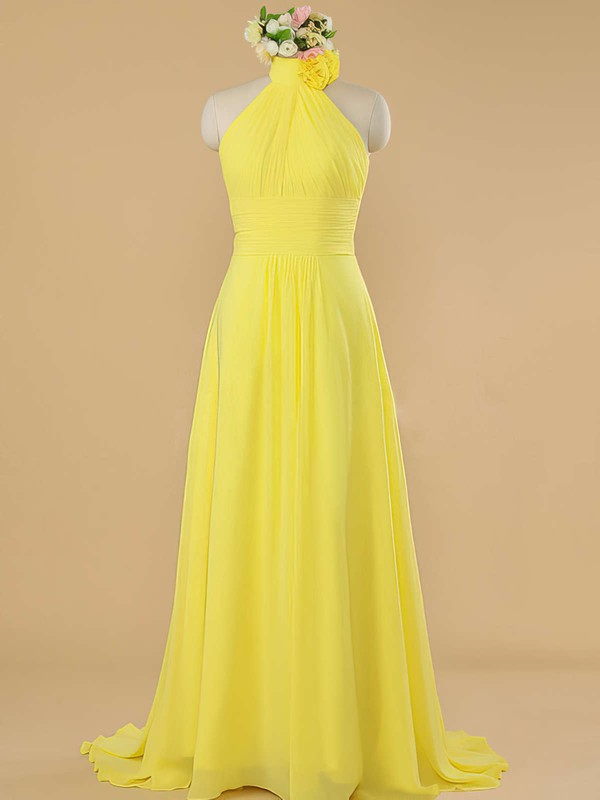 Sweep Train Yellow Chiffon with Ruffles Halter Nicest Bridesmaid Dress #PDS01012482