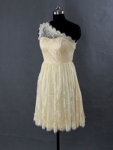 Champagne One Shoulder Lace Sashes/Ribbons Summer Short/Mini Bridesmaid Dresses #PDS01012485