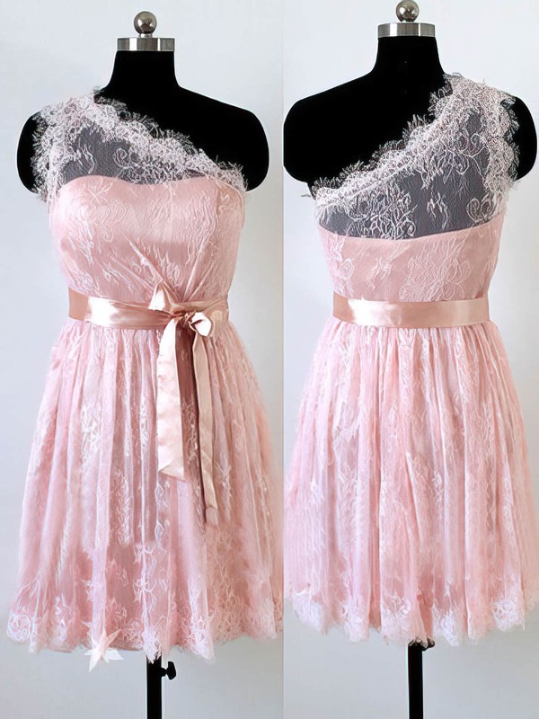 Different Short/Mini Lace with Sashes/Ribbons One Shoulder Pink Bridesmaid Dress #PDS01012490