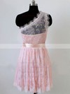 Different Short/Mini Lace with Sashes/Ribbons One Shoulder Pink Bridesmaid Dress #PDS01012490