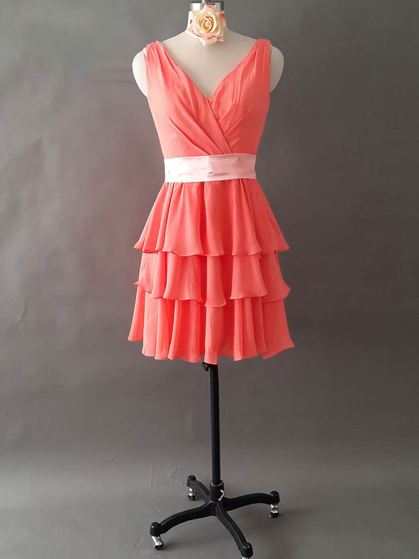 Perfect V-neck Tiered Watermelon Chiffon Short/Mini Bridesmaid Dresses #PDS01012495