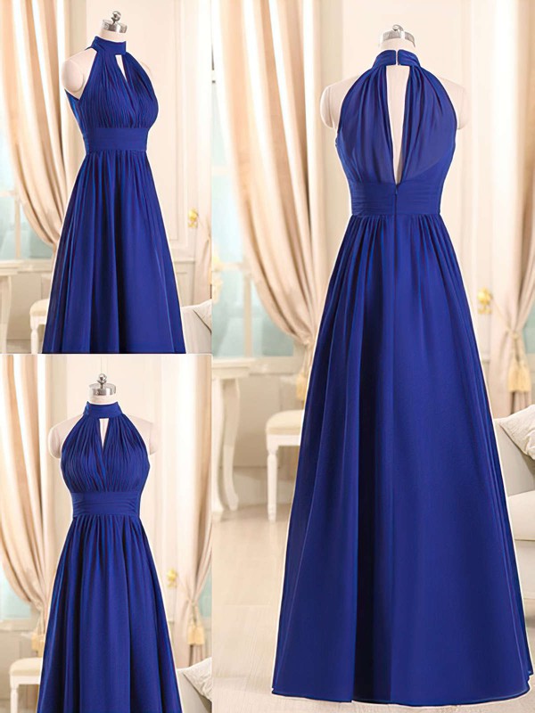 New A-line Royal Blue Chiffon Ruffles Halter Bridesmaid Dresses #PDS01012508