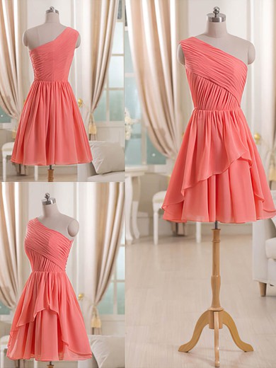 Short/Mini Watermelon Chiffon with Ruffles One Shoulder Latest Bridesmaid Dress #PDS01012509