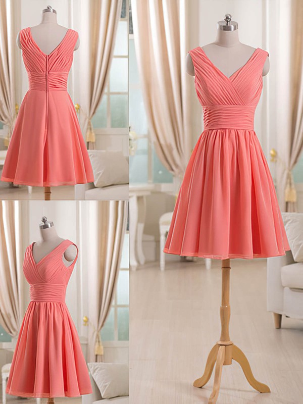 Short/Mini Watermelon Chiffon Pleats V-neck Affordable Bridesmaid Dress #PDS01012511