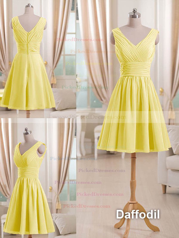 Short/Mini Watermelon Chiffon Pleats V-neck Affordable Bridesmaid Dress #PDS01012511