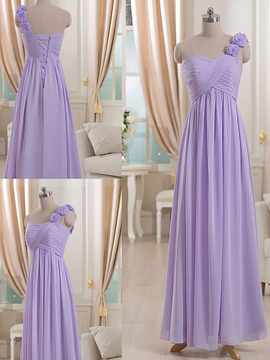 One Shoulder Coolest Lilac Chiffon with Flower(s) Lace-up Empire Bridesmaid Dresses #PDS01012512