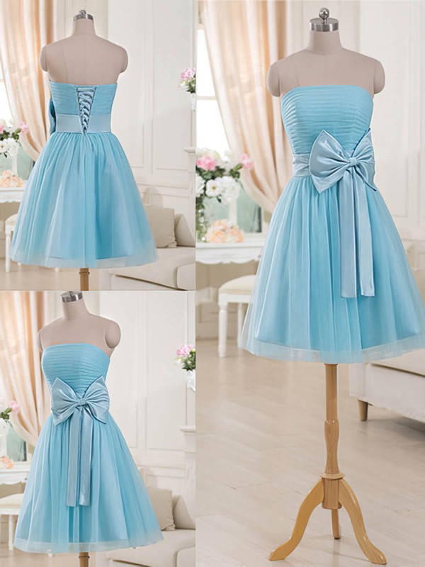 Unique Strapless Tulle with Bow Lace-up Short/Mini Blue Bridesmaid Dresses #PDS01012516