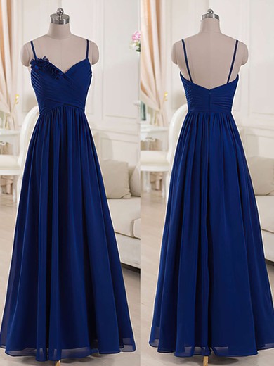 V-neck Royal Blue Chiffon with Spaghetti Straps Ruffles A-line Bridesmaid Dresses #PDS01012518