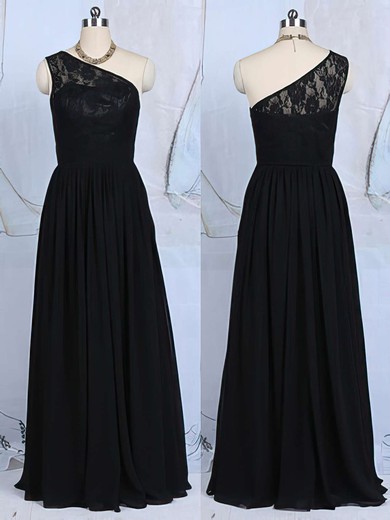 Floor-length Black Lace Chiffon Online One Shoulder A-line Bridesmaid Dresses #PDS01012520