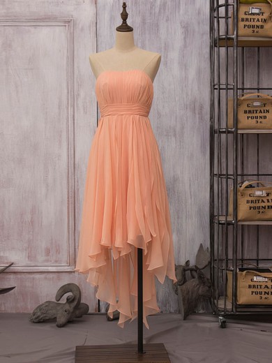 Strapless Inexpensive Orange Chiffon Ruffles High Low Sheath/Column Bridesmaid Dress #PDS01012523
