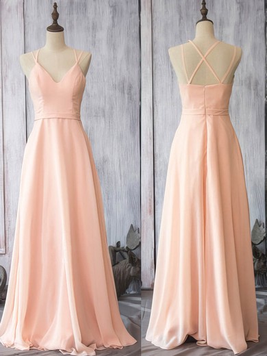 Pearl Pink Girls V-neck Chiffon with Spaghetti Straps Sheath/Column Bridesmaid Dress #PDS01012524