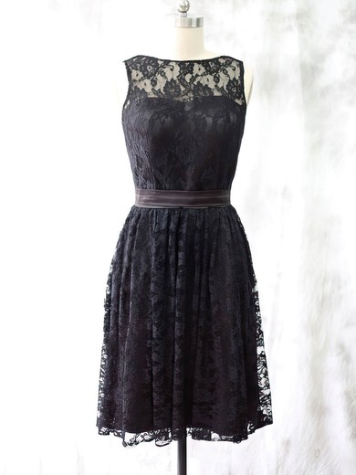 Knee-length Black Lace with Sashes/Ribbons Discount Scoop Neck Bridesmaid Dress #PDS01012527
