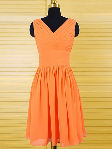 Classy Chiffon Ruffles Knee-length V-neck Orange Bridesmaid Dresses #PDS01012556