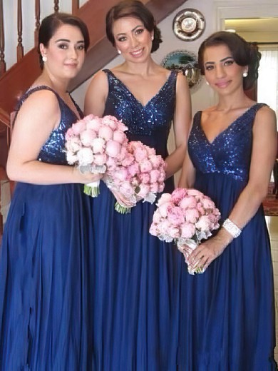 V-neck Chiffon Sequined Straps Empire Royal Blue Online Bridesmaid Dresses #PDS01012579