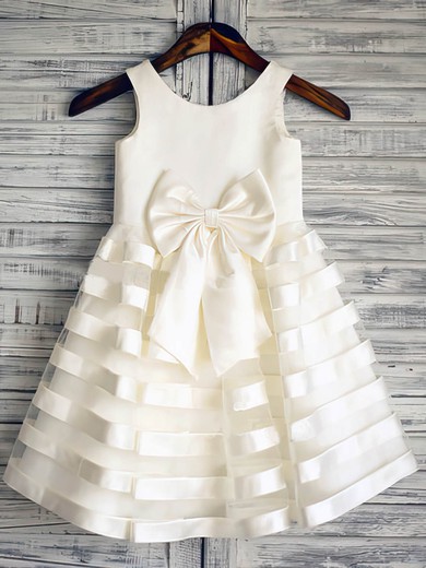 Perfect Organza Elastic Woven Satin Bow Ankle-length Scoop Neck Ivory Flower Girl Dress #PDS01031846