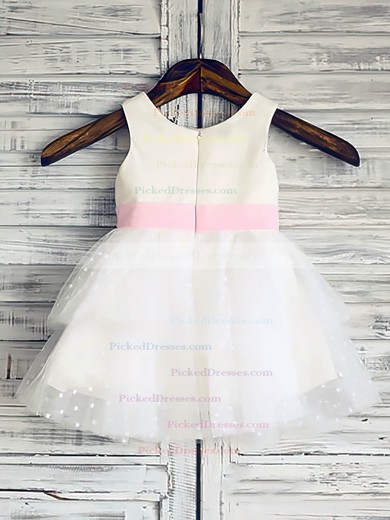 Ball Gown White Tulle Elastic Woven Satin Flower(s) Scoop Neck Latest Flower Girl Dress #PDS01031847