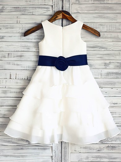 New Tiered Chiffon Elastic Woven Satin Scoop Neck Ivory Ankle-length Flower Girl Dress #PDS01031848